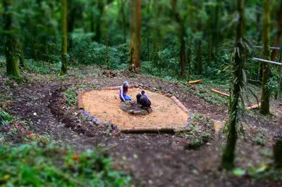 two people sitting in a circle in the middle of a forest at Reserva Natural Cerro Alto in Empalme