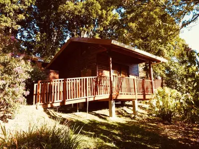a log cabin with a large deck in the yard at Cabañas San Gerardo in San Gerardo de Dota
