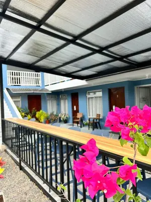 a balcony with pink flowers on a railing at Hotel Alicia in Fortuna