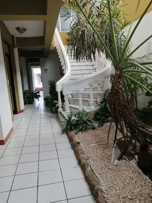 a white staircase in a building with plants at Hotel Malinche in Quepos