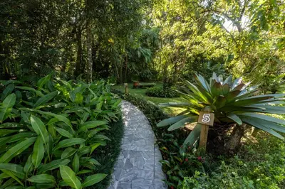 a path in a garden with a sign on it at Cabañas Valle Campanas - Monteverde, Costa Rica in Monteverde Costa Rica