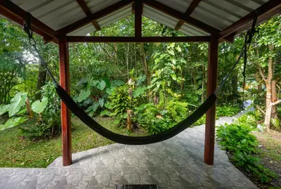 a hammock in a gazebo in a forest at Cabañas Valle Campanas - Monteverde, Costa Rica in Monteverde Costa Rica
