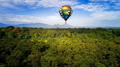 a hot air balloon flying over a forest at La Finca Lodge in Fortuna