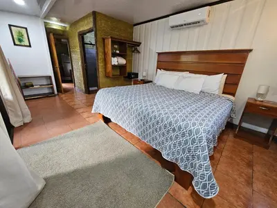a bedroom with a large bed with a wooden headboard at Arenal Homes La Fortuna in Fortuna