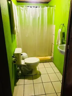 a green bathroom with a toilet and a sink at Hotel Chalets Los Volcanes in Alajuela City