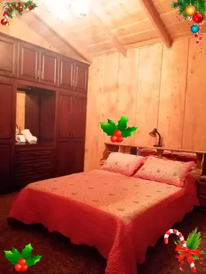 a bedroom with a bed with christmas decorations on the wall at Hotel Chalets Los Volcanes in Alajuela City
