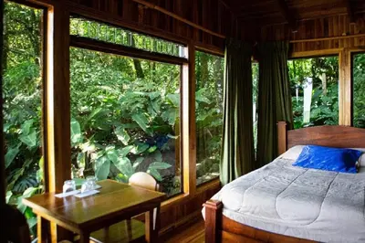 a bedroom with a bed and a table and a window at Hotel Flor de Bromelia in Monteverde Costa Rica