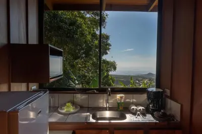 a kitchen with a sink and a large window at Hotel Flor de Bromelia in Monteverde Costa Rica