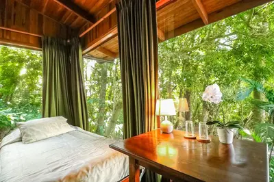 a bedroom with a bed and a desk with a window at Hotel Flor de Bromelia in Monteverde Costa Rica
