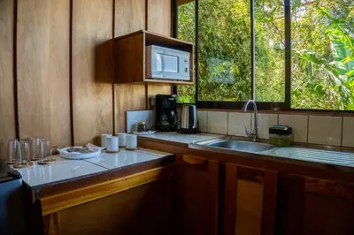 a kitchen with a sink and a microwave at Hotel Flor de Bromelia in Monteverde Costa Rica