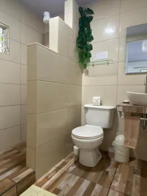 a bathroom with a white toilet and a sink at Villas Majolana in Herradura