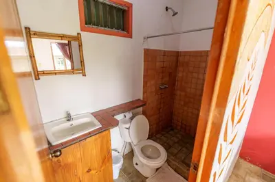 a small bathroom with a toilet and a sink at Pension Santa Elena in Monteverde Costa Rica