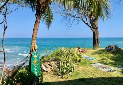 two palm trees and a hammock on the beach at Luminosa Montezuma Hostel in Montezuma