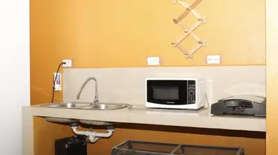 a kitchen counter with a sink and a microwave at Aunty Arenal Lodge in Fortuna