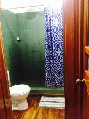 a bathroom with a toilet and a blue and white shower at Lemon House Monteverde in Monteverde Costa Rica