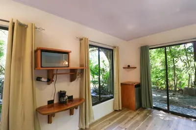a living room with a tv and two windows at La Casa de la Montaña in Monteverde Costa Rica