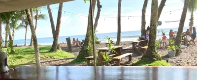 a beach with palm trees and people sitting on benches at Vida Hermosa in Playa Hermosa
