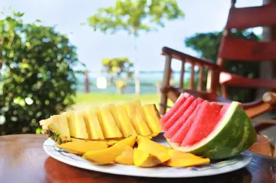 a plate with slices of fruit on a table at Santa Juana Lodge & Nature Reserve in Quepos