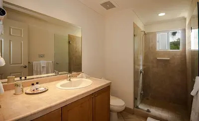 a bathroom with a toilet and a sink and a shower at Ocean View Condo in Los Sueños in Herradura