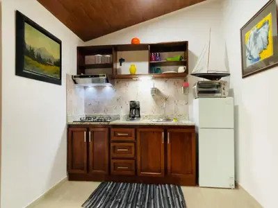 a kitchen with wooden cabinets and a white refrigerator at Casa Donna Rosa B&B in Nuevo Arenal