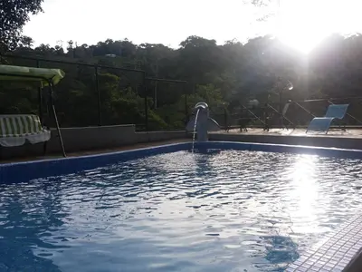 a dolphin in the water in a swimming pool at Quinta los volcanes in Turrialba