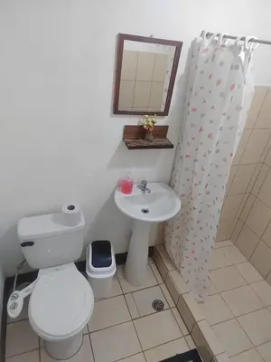 a bathroom with a toilet and a sink and a mirror at Hostel Pura Vida en Liberia in Liberia