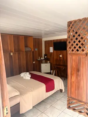 a bedroom with a bed with wooden walls and a tv at Hospedaje Angeluz in Quesada