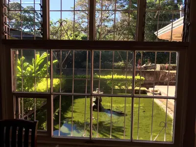 a view of a garden through a window at Hotel Hacienda El Rodeo in Rodeo