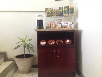 a wooden cabinet with a plant in a room at Oro Apart Hotel in San Antonio