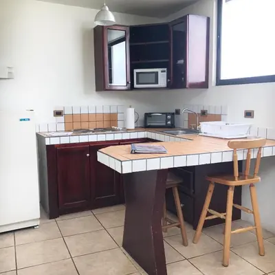 a kitchen with a large island in the middle at Oro Apart Hotel in San Antonio
