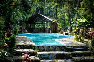 a swimming pool in a garden with a gazebo at Princesa de la Luna Ecolodge in Fortuna