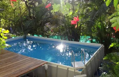 a swimming pool with a chair in a garden at Mundaka : Burnt Toast Surfcamp in Nosara