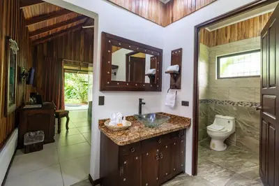 a bathroom with a sink and a toilet at Hotel Volcan Verde in Fortuna