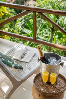 a bucket with a bottle of champagne and two glasses of orange juice at Tierra Magnifica Boutique Hotel in Nosara