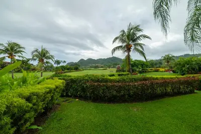 a park with palm trees and green grass and bushes at Del Mar 4O 2 bdr Garden View in Los Suenos in Herradura