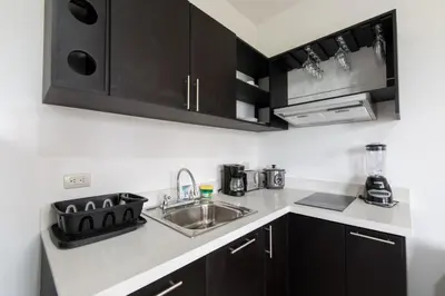 a kitchen with black cabinets and a sink at La Casona in Fortuna
