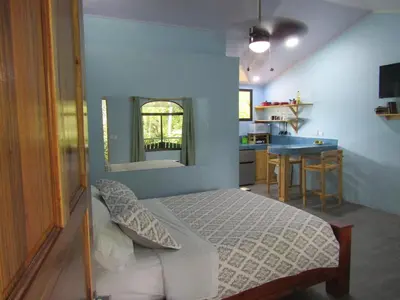 a bedroom with a bed and a small kitchen at Peace of Paradise Breakfast Included Free Manuel Antonio Park Tour in Manuel Antonio
