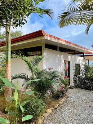 a house with a palm tree in front of it at Nature's Edge Boutique Hotel in Uvita