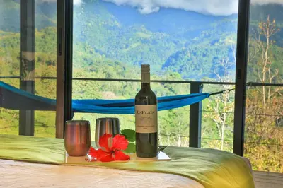 a bottle of wine on a table in front of a window at Nature's Edge Boutique Hotel in Uvita