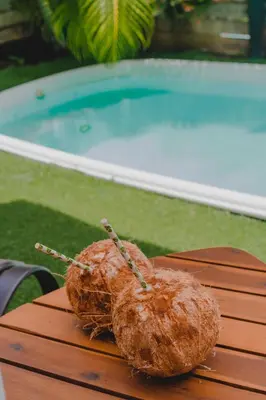 a stuffed animal on a table next to a pool at Peace Lofts and Apartments in Santa Teresa Beach