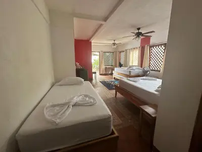 a bedroom with two beds and a table with a fan at Hotel Don Quichotte in Tortuguero