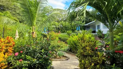 a garden with colorful flowers and palm trees at Tee-K Lodge Tamarindo in Tamarindo