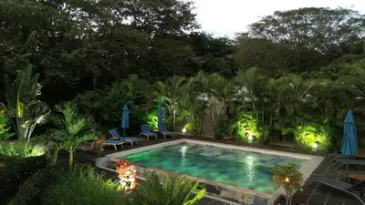 a swimming pool in a garden at night at Tee-K Lodge Tamarindo in Tamarindo