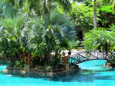 a bridge over a swimming pool with palm trees at Tamarindo Condo 206 Matapalo in Tamarindo
