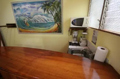 a kitchen with a sink and a painting on the wall at Nosara Paradise Rentals in Nosara