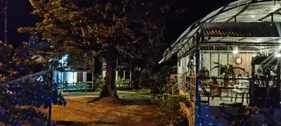 a bird cage in front of a house at night at Lodge El Barco in Esterillos