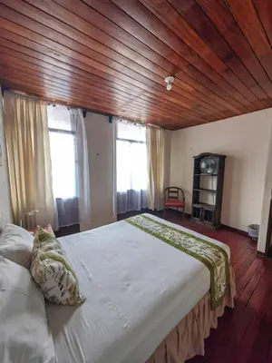 a bedroom with a large bed with a wooden ceiling at Hotel Casa Tago in Alajuela City