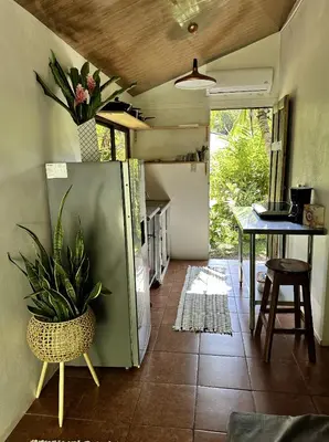 a kitchen with a table and a potted plant at Casa Morpho Uvita Guesthouse in Uvita