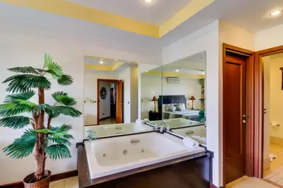 a bathroom with a large tub and a palm tree at Naxos 15 in Tamarindo