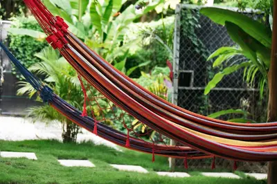 a hammock in a garden with a fence at Villa Picasso in Santa Teresa Beach